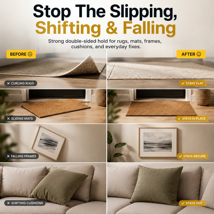 Before and after examples of household items held in place