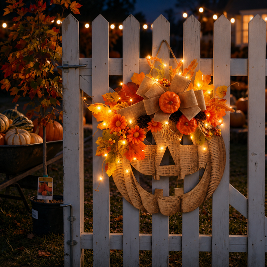 🎃✨ Lighted Burlap Pumpkin Wreath