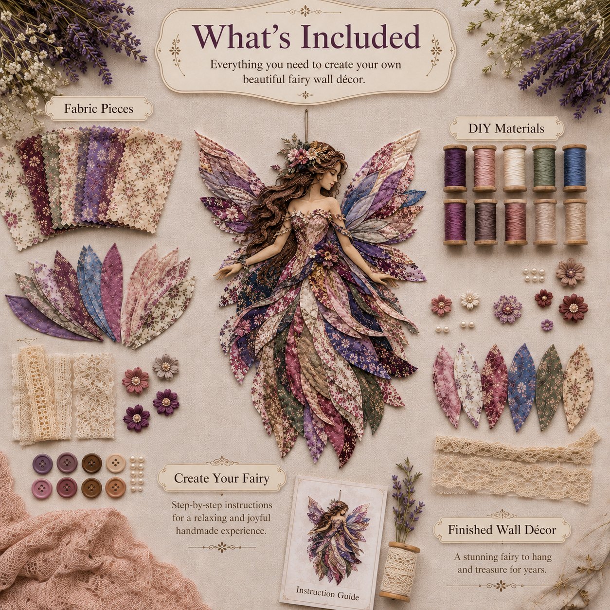 🔥LAST DAY 49% OFF-🧚‍♀️🌸 Premium Fairy Patchwork DIY Kit | High-Quality Layered Fabric with Floral Wings DIY Handmade Fantasy Wall Decor ✨