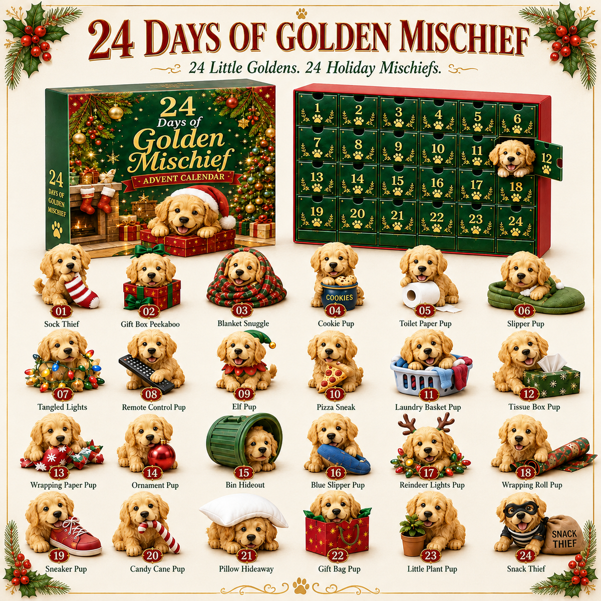 🎄 24 Days of Golden Mischief Advent Calendar – 24 Unique Golden Retriever Collectibles