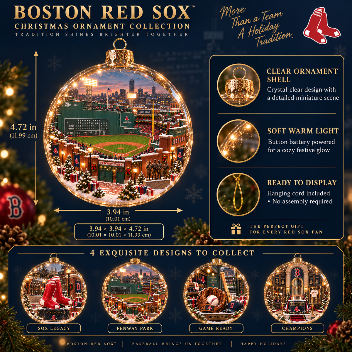 🎄 Go Sox — Light-Up Baseball Diorama Ornament