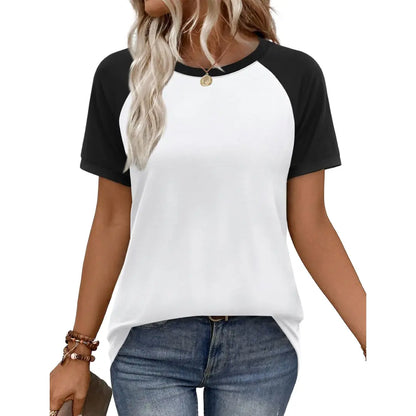 Women's Casual Polyester Colorblock Short-Sleeve Raglan Shirts, Summer-Spring Fashion Vacation Outfits