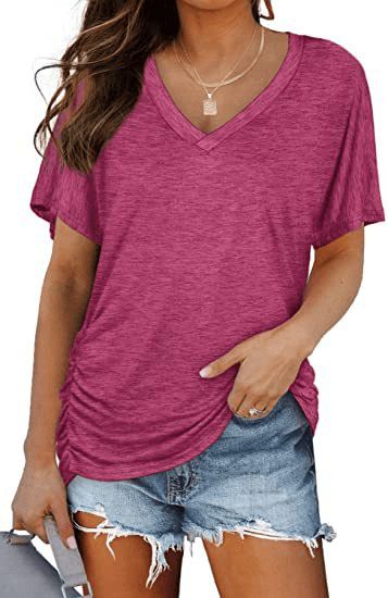 2026 New Women's Short Sleeve V-Neck Dolman Top, Soft Breathable Loose Fit Shirt with Side Waist Shirring, Versatile Casual Everyday Blouse