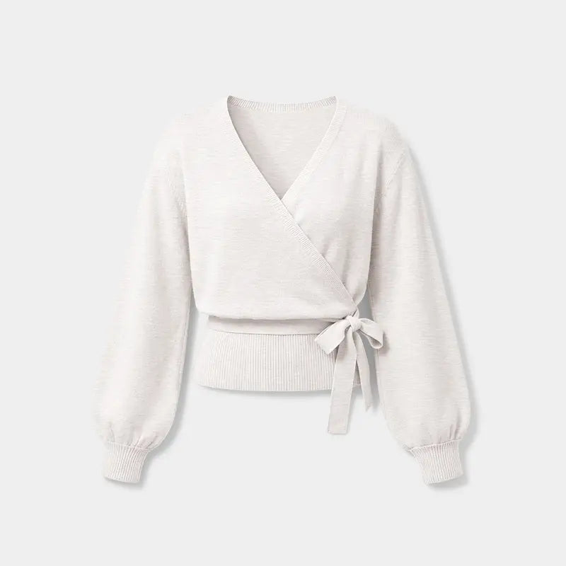 Women’s Cashmere-Soft Belted Wrap Cardigan – V-Neck Lantern-Sleeve Crop Knit