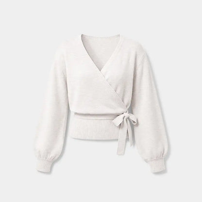 Women’s Cashmere-Soft Belted Wrap Cardigan – V-Neck Lantern-Sleeve Crop Knit