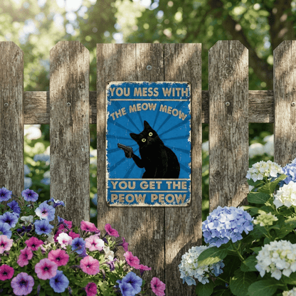 The "Meow Meow Peow Peow" Vintage Black Cat Metal Sign