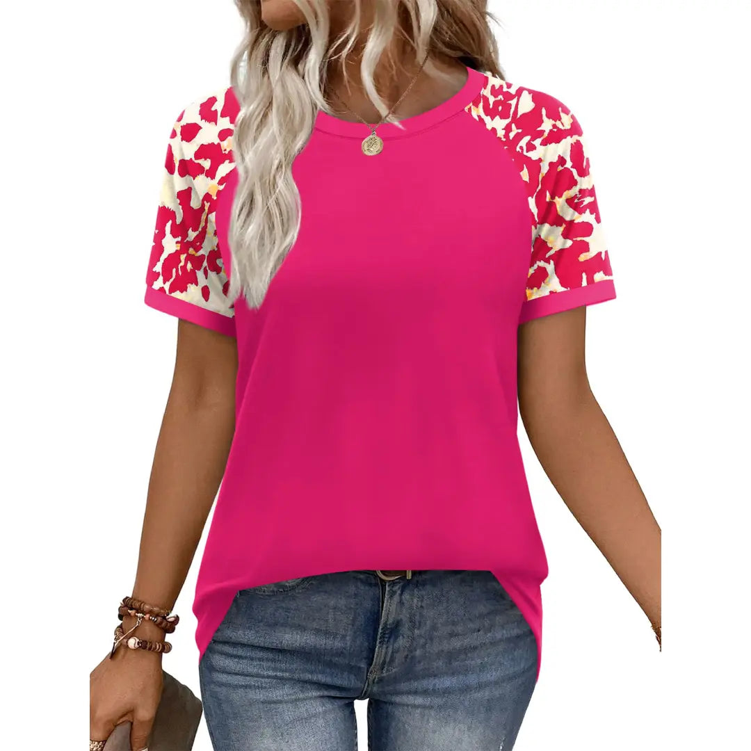 Women's Casual Polyester Colorblock Short-Sleeve Raglan Shirts, Summer-Spring Fashion Vacation Outfits