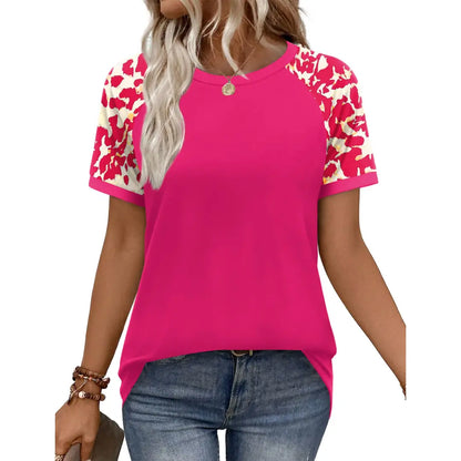 Women's Casual Polyester Colorblock Short-Sleeve Raglan Shirts, Summer-Spring Fashion Vacation Outfits