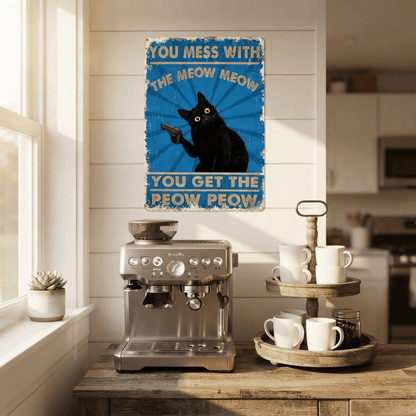 The "Meow Meow Peow Peow" Vintage Black Cat Metal Sign