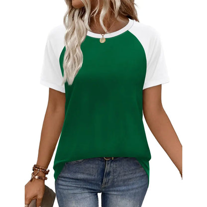 Women's Casual Polyester Colorblock Short-Sleeve Raglan Shirts, Summer-Spring Fashion Vacation Outfits