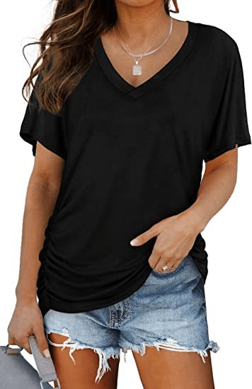 2026 New Women's Short Sleeve V-Neck Dolman Top, Soft Breathable Loose Fit Shirt with Side Waist Shirring, Versatile Casual Everyday Blouse