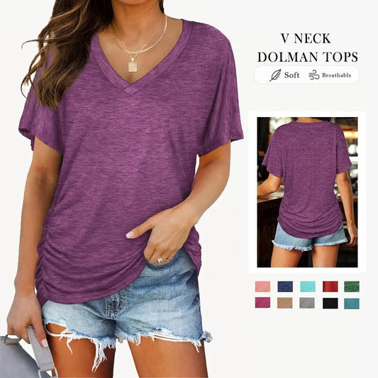 🎁Last Day Promotion 49% OFF✨Womens Short Sleeve V Neck Dolman Tops with Side Shirring Loose Fit Shirts