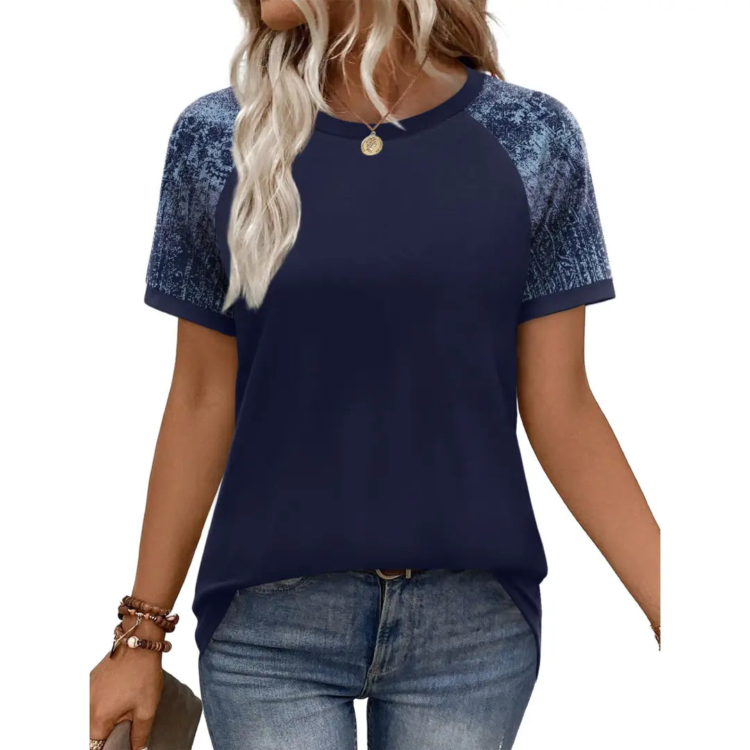 Women's Casual Polyester Colorblock Short-Sleeve Raglan Shirts, Summer-Spring Fashion Vacation Outfits