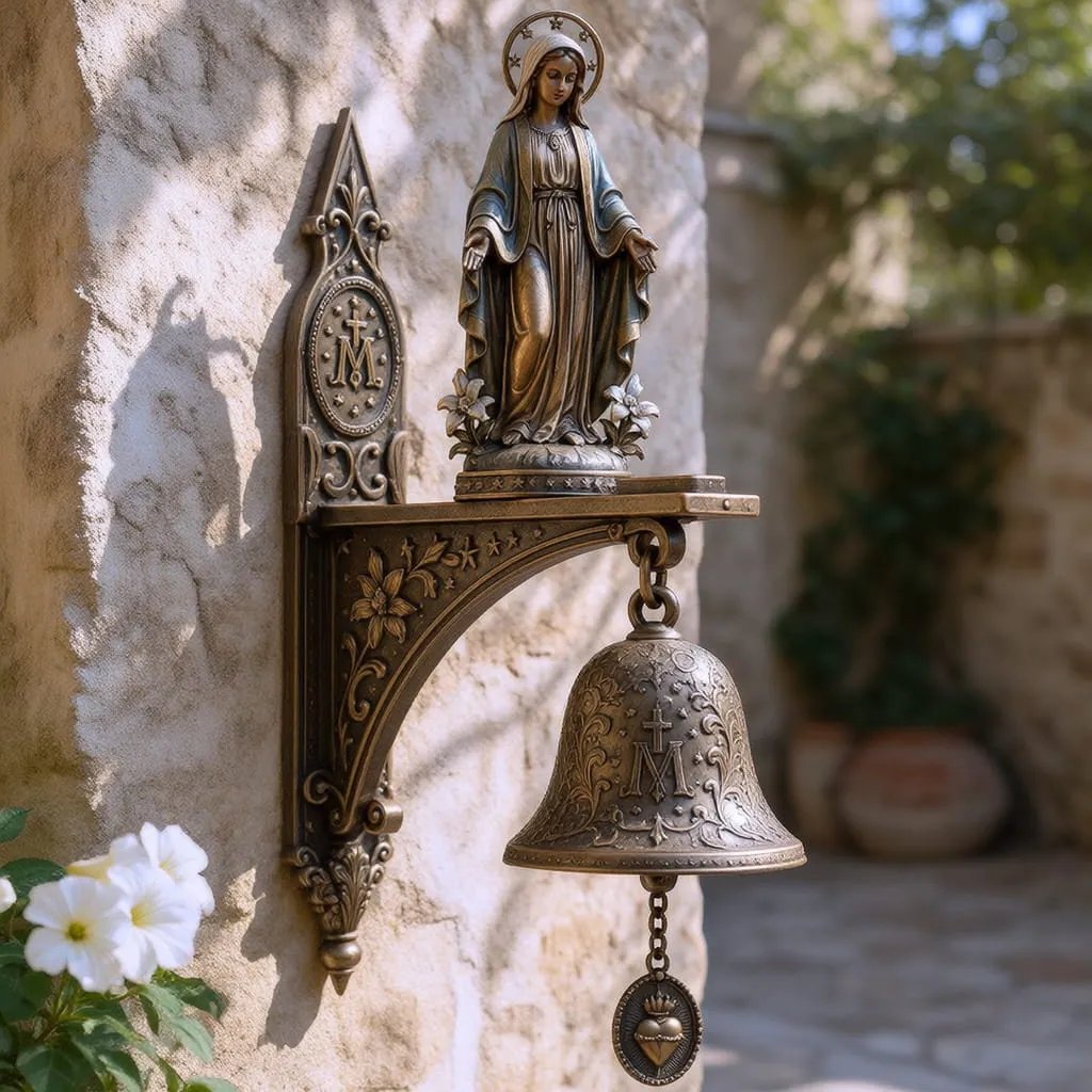 ✨ Our Lady of Grace Bronze Miraculous Medal Wall Bell | 🙏Catholic Religious Home & Garden Decor"