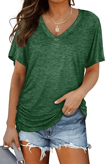 2026 New Women's Short Sleeve V-Neck Dolman Top, Soft Breathable Loose Fit Shirt with Side Waist Shirring, Versatile Casual Everyday Blouse
