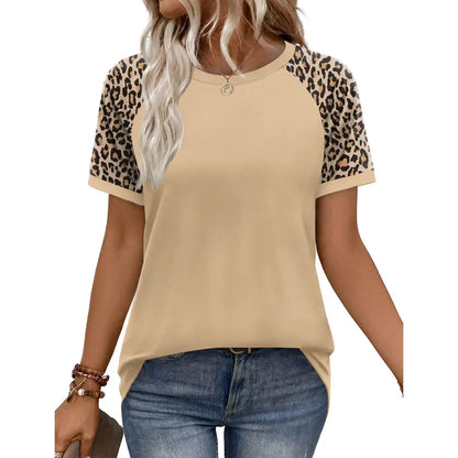 Women's Casual Polyester Colorblock Short-Sleeve Raglan Shirts, Summer-Spring Fashion Vacation Outfits