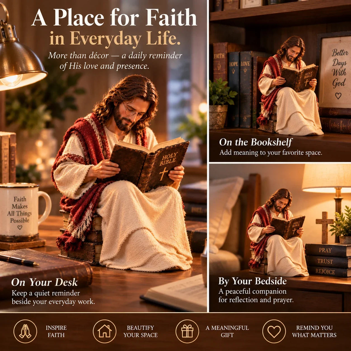 🎁Last Day 49% OFF-✝️Keep Faith Close – Jesus Reading the Bible Figurine