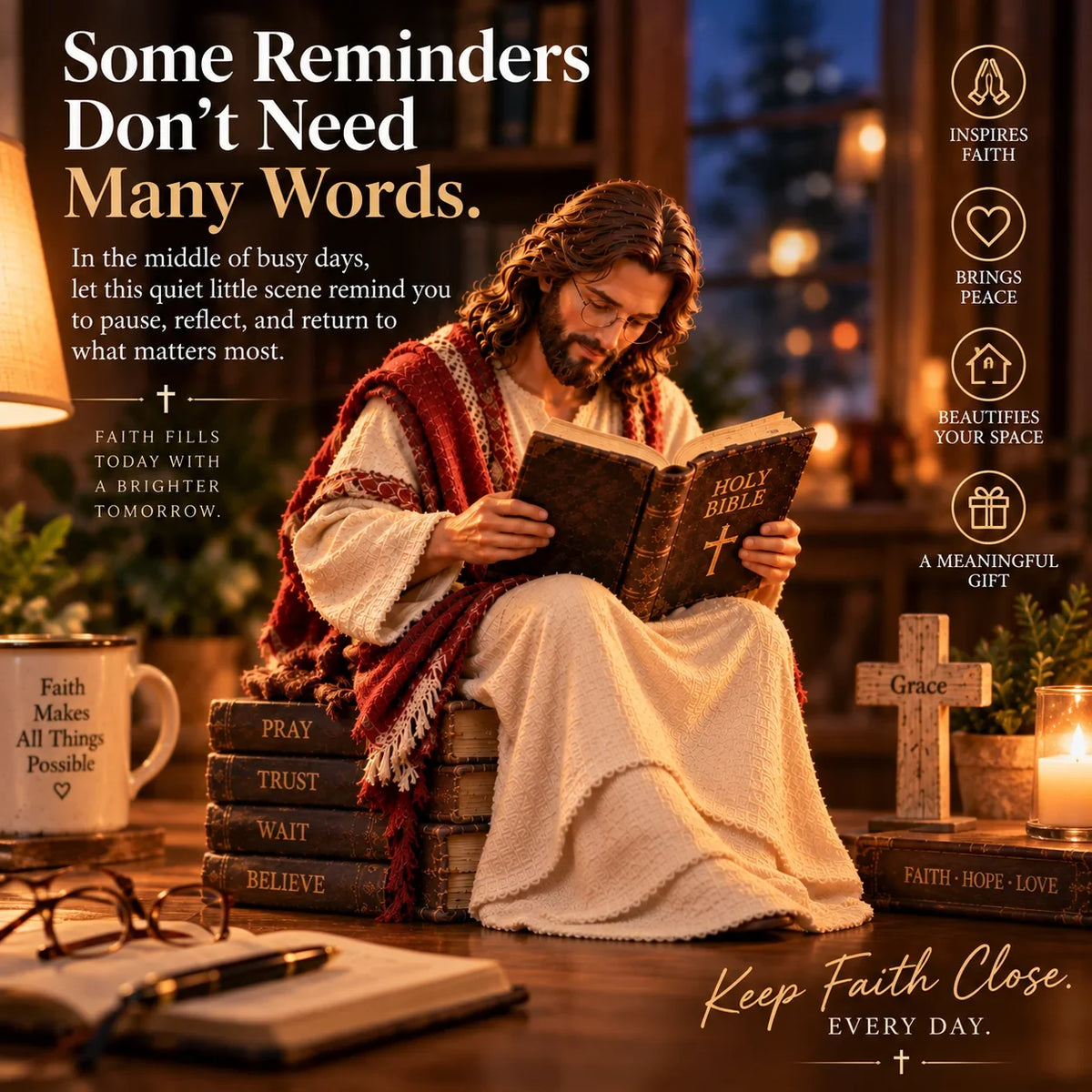 🎁Last Day 49% OFF-✝️Keep Faith Close – Jesus Reading the Bible Figurine