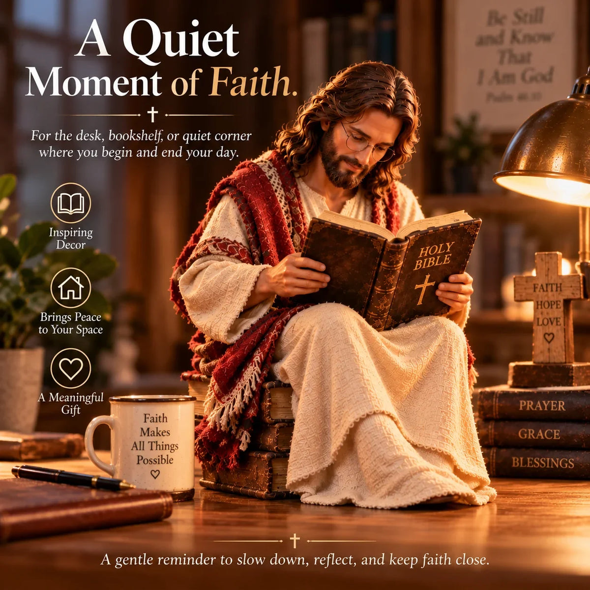 🎁Last Day 49% OFF-✝️Keep Faith Close – Jesus Reading the Bible Figurine