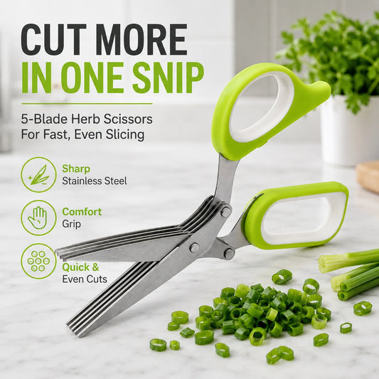 🌿 5-Blade Herb Scissors Set – Faster Chopping with Protective Cover & Cleaning Brush