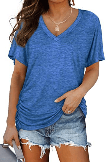 2026 New Women's Short Sleeve V-Neck Dolman Top, Soft Breathable Loose Fit Shirt with Side Waist Shirring, Versatile Casual Everyday Blouse