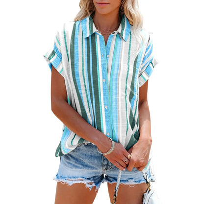 Collared Vertical Stripe Rolled Cuff Button Down Casual Shirt