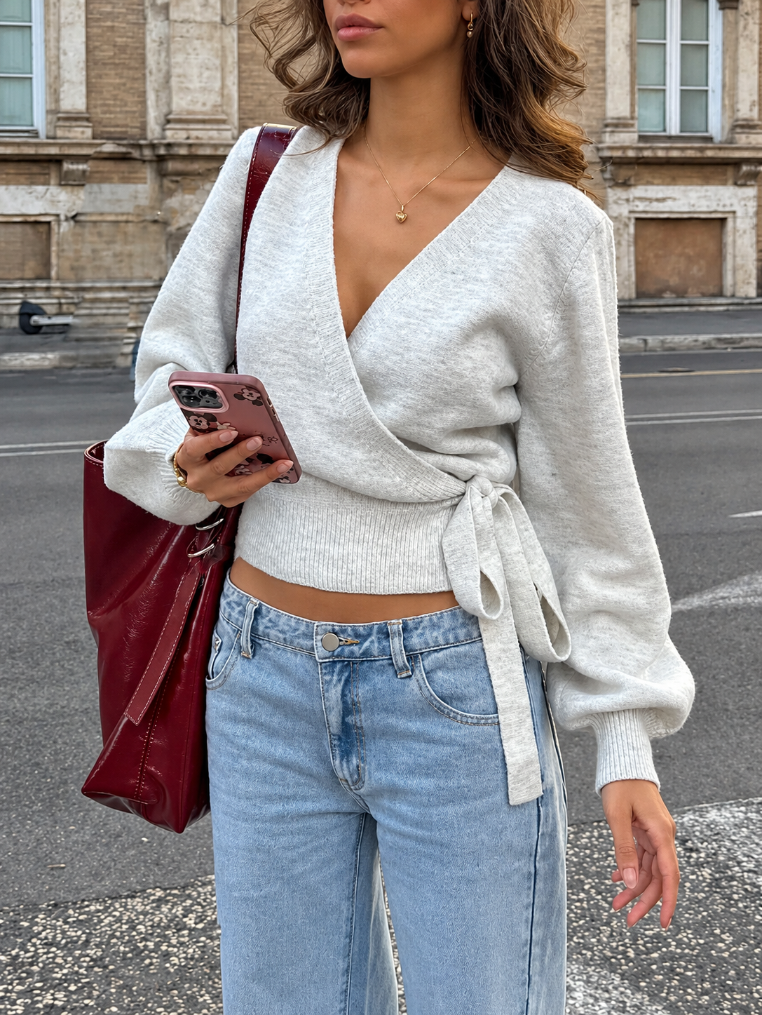 Women’s Cashmere-Soft Belted Wrap Cardigan – V-Neck Lantern-Sleeve Crop Knit