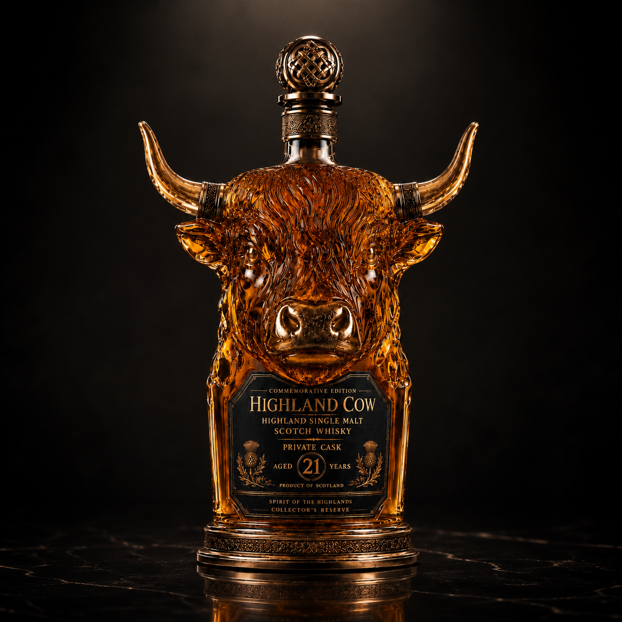 Highland Cow Private Cask 21 Years Cow Head Shaped Scotch Whisky Bottle
