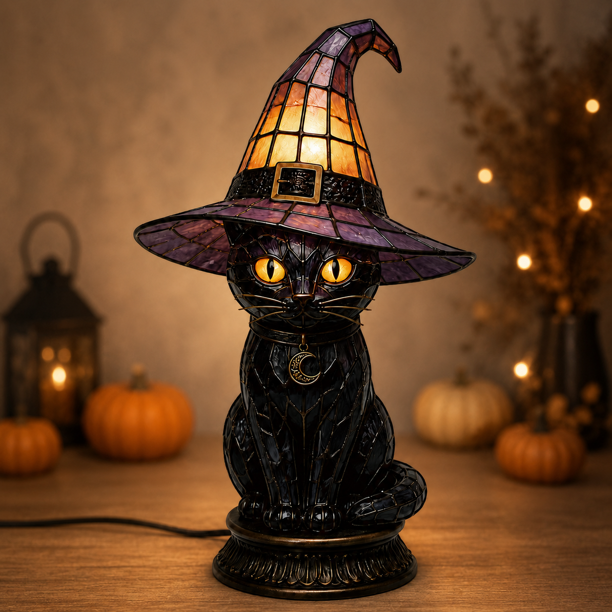 🔥Exclusive Limited Item 👍🔥50%OFF🐈 Gothic Stained Glass Witch Black Cat Table Lamp | Halloween Witch Hat Night Light Decor