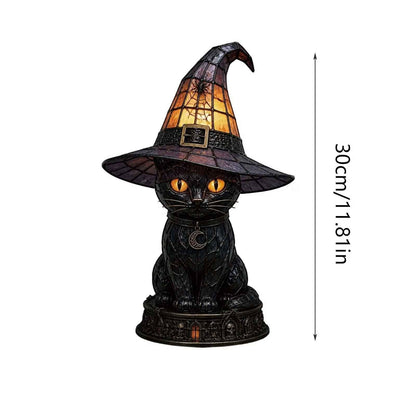 🔥Exclusive Limited Item 👍🔥50%OFF🐈 Gothic Stained Glass Witch Black Cat Table Lamp | Halloween Witch Hat Night Light Decor