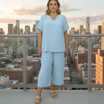 ☀️Plus Size Women V-Neck Wide-Leg Summer Set