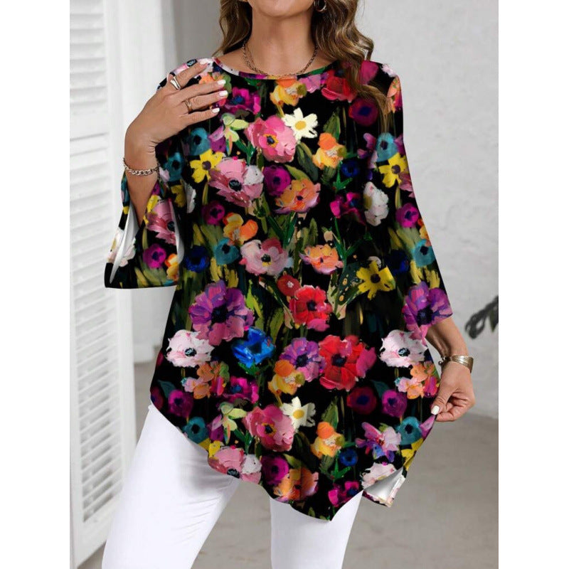 🌸 Chic Plus Size Floral Printed Round Neck Top