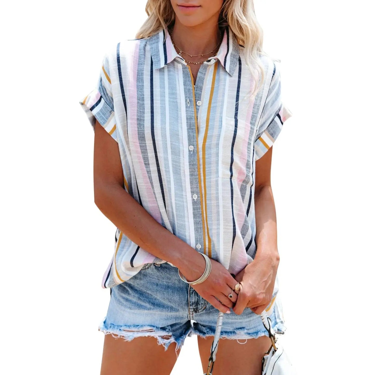 Collared Vertical Stripe Rolled Cuff Button Down Casual Shirt