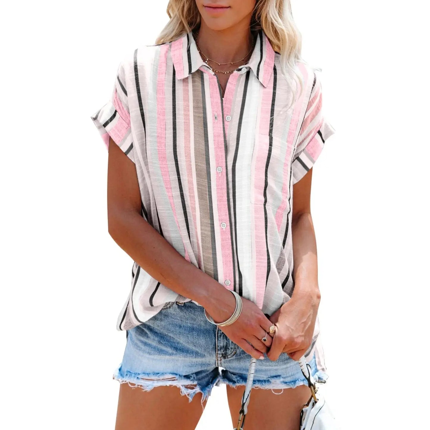 Collared Vertical Stripe Rolled Cuff Button Down Casual Shirt