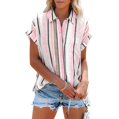 Collared Vertical Stripe Rolled Cuff Button Down Casual Shirt