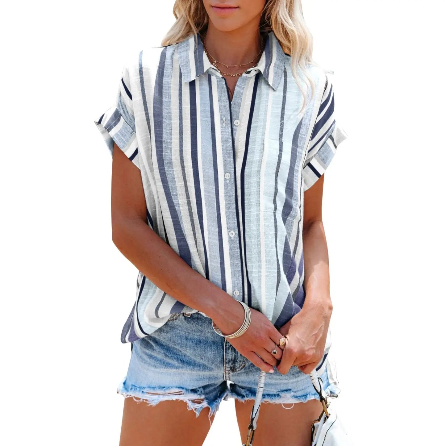 Collared Vertical Stripe Rolled Cuff Button Down Casual Shirt