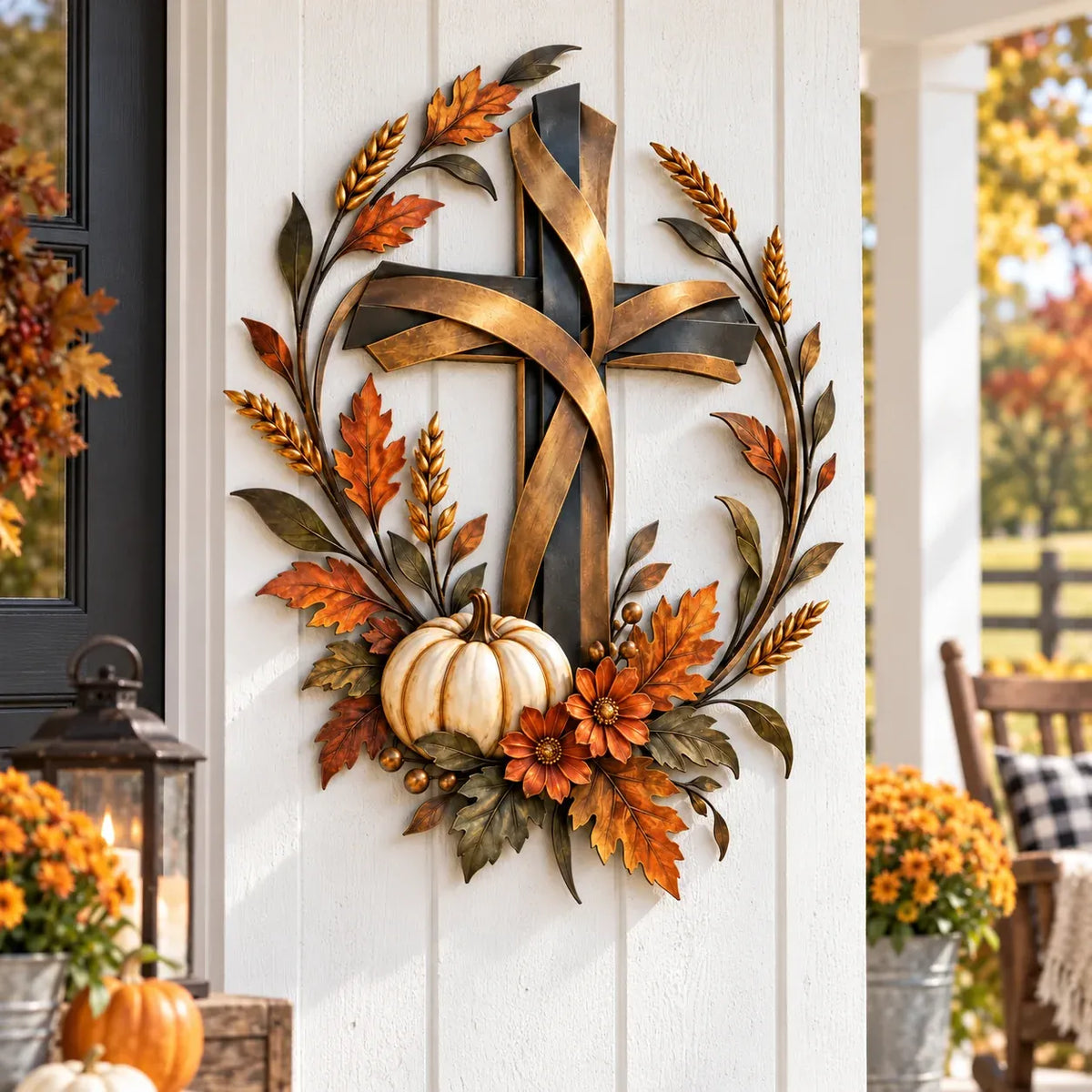 🔥😍Autumn Cross & Pumpkin Harvest Metal Wall Decor