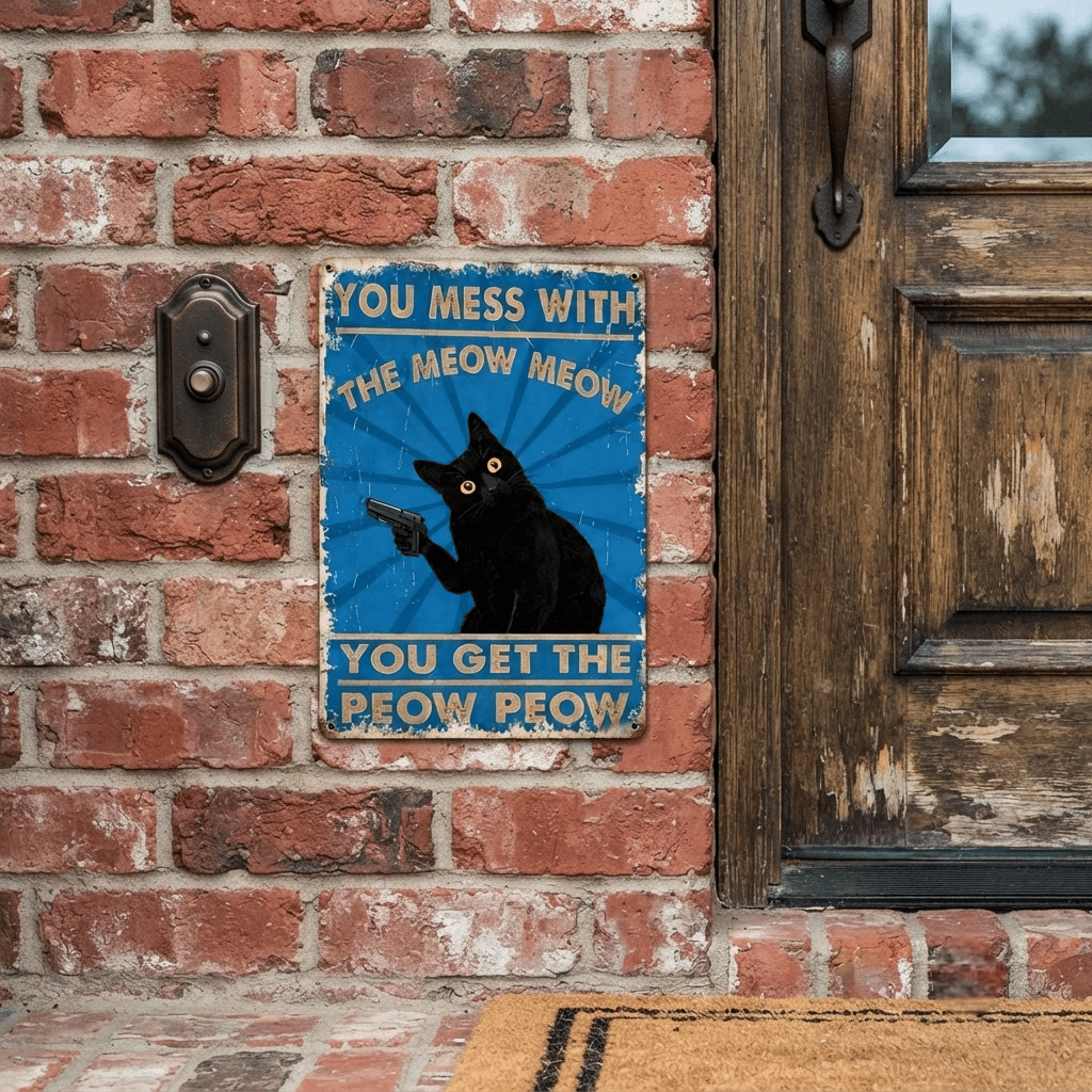 The "Meow Meow Peow Peow" Vintage Black Cat Metal Sign