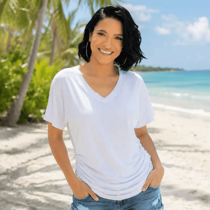 2026 New Women's Short Sleeve V-Neck Dolman Top, Soft Breathable Loose Fit Shirt with Side Waist Shirring, Versatile Casual Everyday Blouse