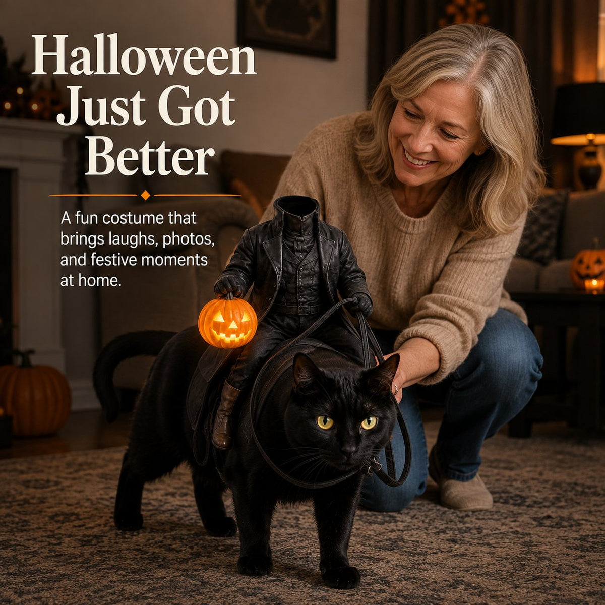 🎃 Headless Rider Halloween Cat Costume with Glowing Pumpkin