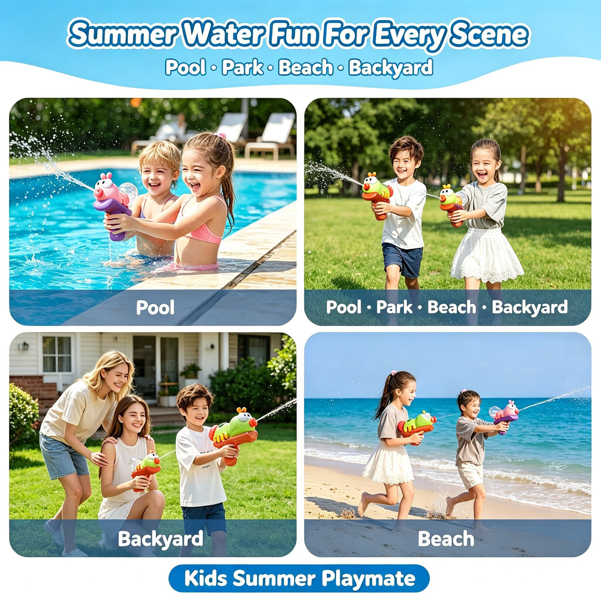 🎉Cute boys and girls playing in the water with ant-shaped electric press water guns, beach water fights, pool fun, and children’s water guns for drifting