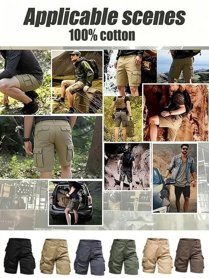Men's Heavy-Duty Multi-Pocket Tactical Cargo Shorts - 100% Organic Cotton Hiking & Work Shorts