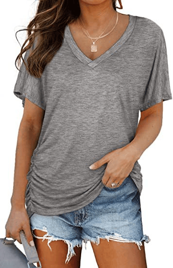 2026 New Women's Short Sleeve V-Neck Dolman Top, Soft Breathable Loose Fit Shirt with Side Waist Shirring, Versatile Casual Everyday Blouse