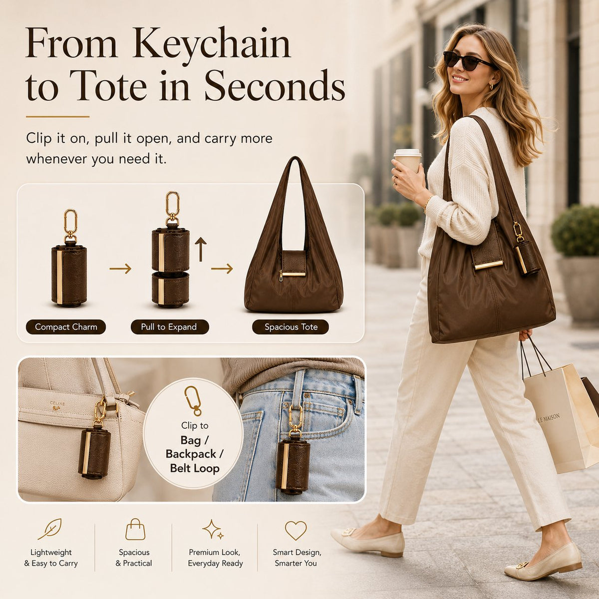 Varelli Charm Transformable Bag – Stylish Vegan Leather Tote & Keychain Charm