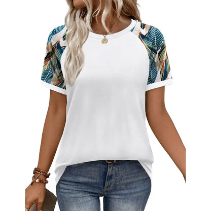 Women's Casual Polyester Colorblock Short-Sleeve Raglan Shirts, Summer-Spring Fashion Vacation Outfits