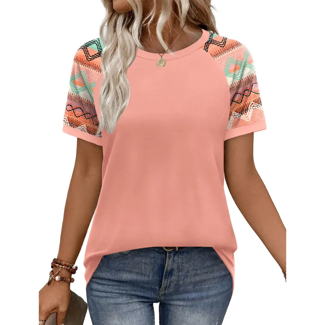 Women's Casual Polyester Colorblock Short-Sleeve Raglan Shirts, Summer-Spring Fashion Vacation Outfits