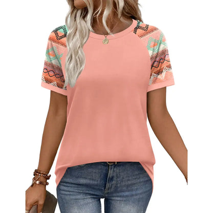 Women's Casual Polyester Colorblock Short-Sleeve Raglan Shirts, Summer-Spring Fashion Vacation Outfits
