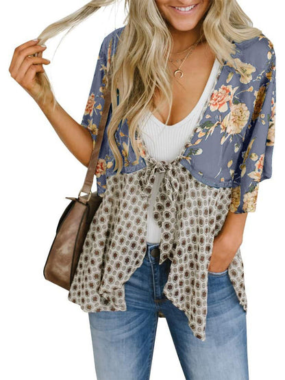 HOT SALE Women's Floral Kimono Ruffle Sleeve Tie Cardigans Flowy Boho Loose Cover Ups