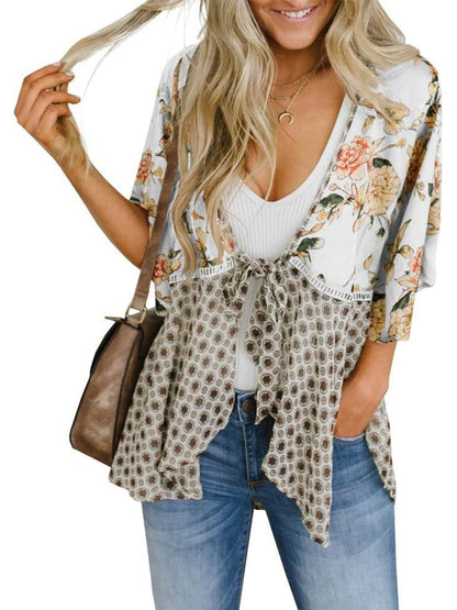 HOT SALE Women's Floral Kimono Ruffle Sleeve Tie Cardigans Flowy Boho Loose Cover Ups