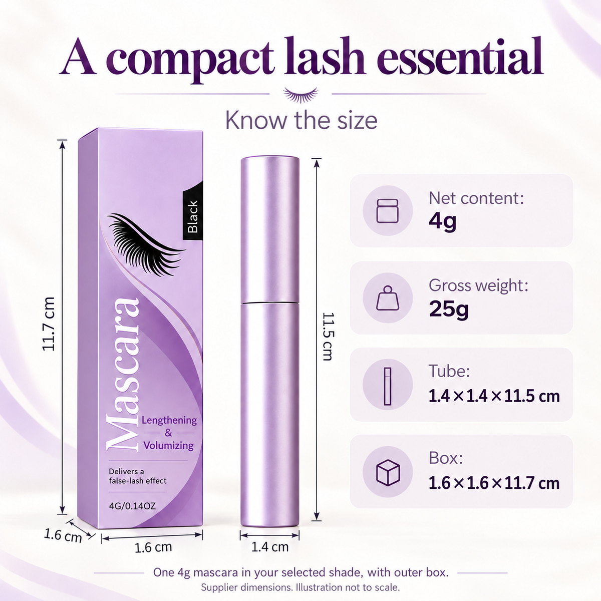 Mascara tube and carton dimensions with 4g net content and 25g gross weight